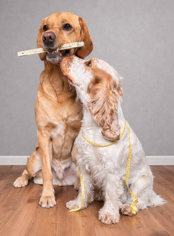Ein Labrador mit einem Zollstock im Maul und ein Englischer Cocker Spaniel mit einem Maßband um den Hals