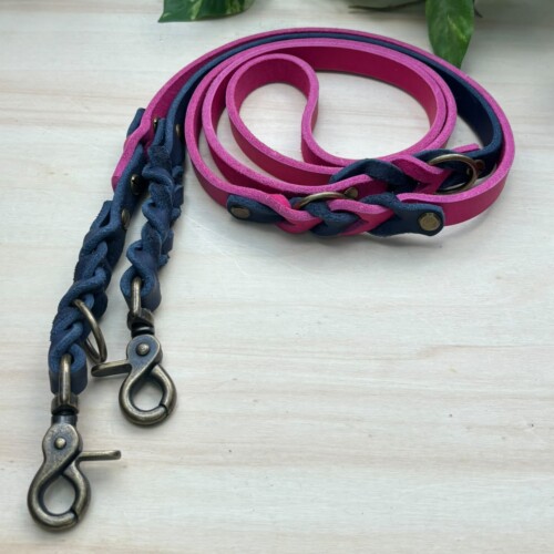 Hundeleine aus Fettleder in blau Pink 2 m lang dreifach verstellbar