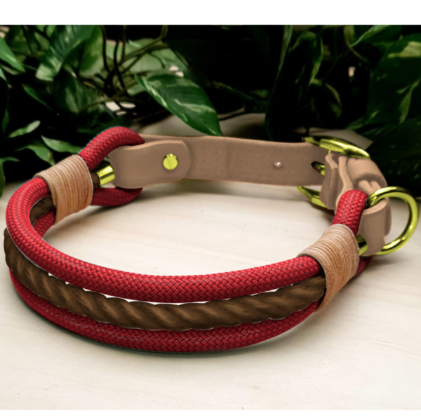 Selbsterstelltes Hundehalsband aus Tau mit Fettlederverschluss nach Maß in rot