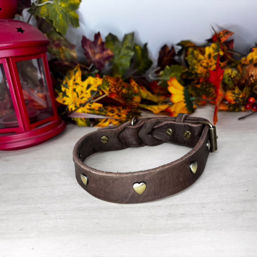 Braunes Fettlederhalsband mit Herzchen 2 Hundehalsband aus braunem Fettleder mit Herzchennieten