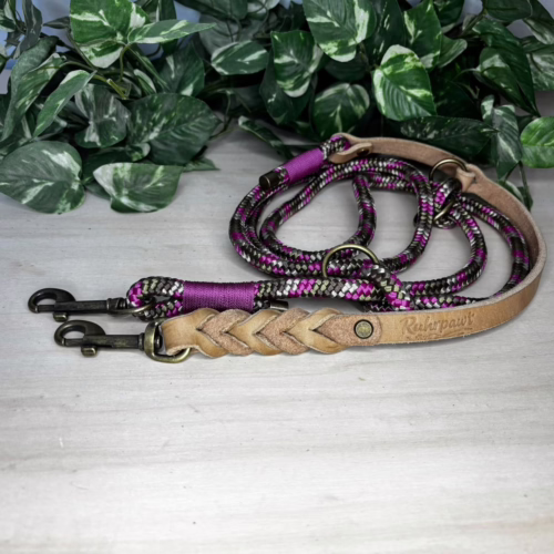 Fertige Hundeleine aus Tau in Oliv, Grau und Lila, 2,2 m und dreifach verstellbar, mit Handschlaufe aus camel Fettleder. Sofort lieferbar.